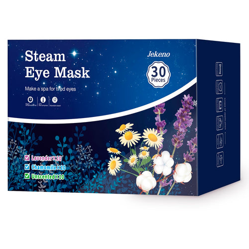 Jekeno 30 Packs Steam Eye Mask bulk box, featuring disposable self-heating warm compress masks for 1-hour eye relaxation.