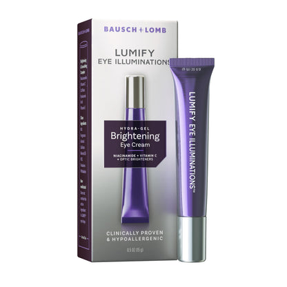 LUMIFY Eye Illuminations Hydra-Gel Brightening Eye Cream jar, 15g, featuring a powerful blend of Vitamin C, Caffeine, and Niacinamide for brighter eyes.