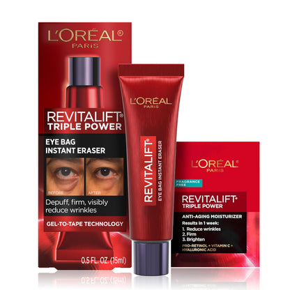 L'Oreal Paris Revitalift Triple Power Eye Bag Instant Eraser 0.5 oz tube with bonus sample.