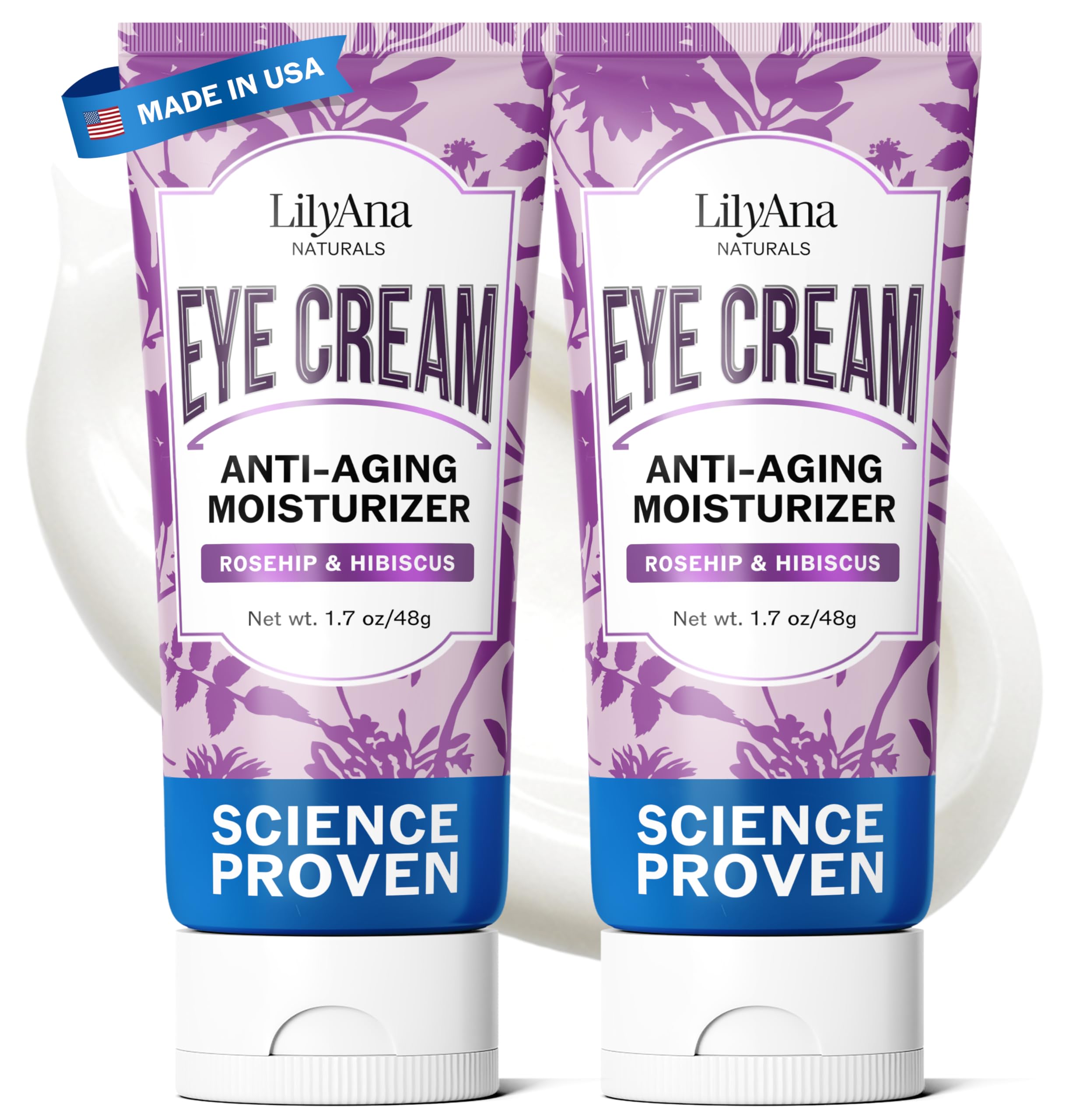 Two 1.7 oz bottles of LilyAna Naturals Eye Cream for natural wrinkle and dark circle repair.