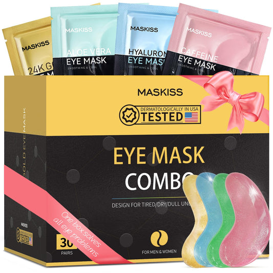 Box of 30 Pairs Maskiss 24K Gold and Caffeine Eye Patches - Deep Hydrating Aloe Vera Masks for Under-Eye Recovery