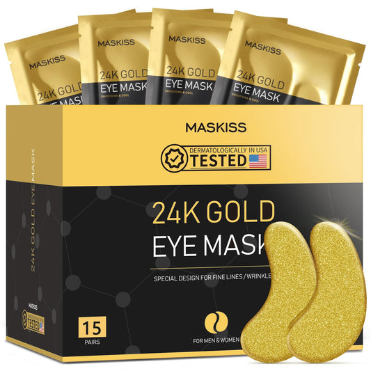 Maskiss 15 Pairs 24k Gold Under Eye Patches Box - Collagen Infused Hydrogel Masks for Dark Circles