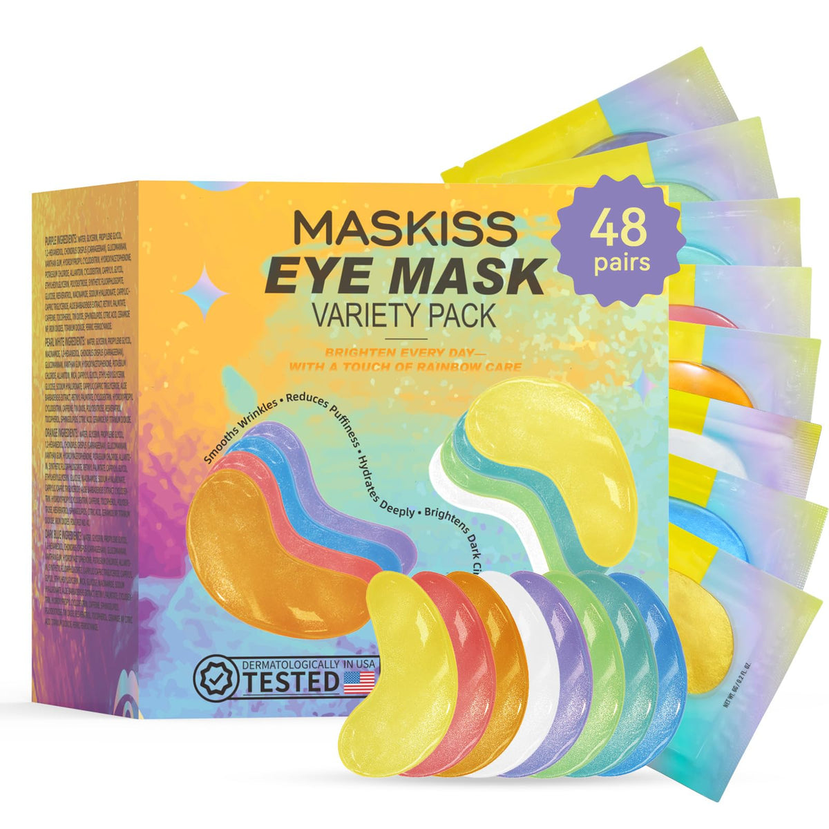 Maskiss 48 Pairs Variety Pack Eye Masks - 8 Different Colors and Formulas for Under Eye Treatment