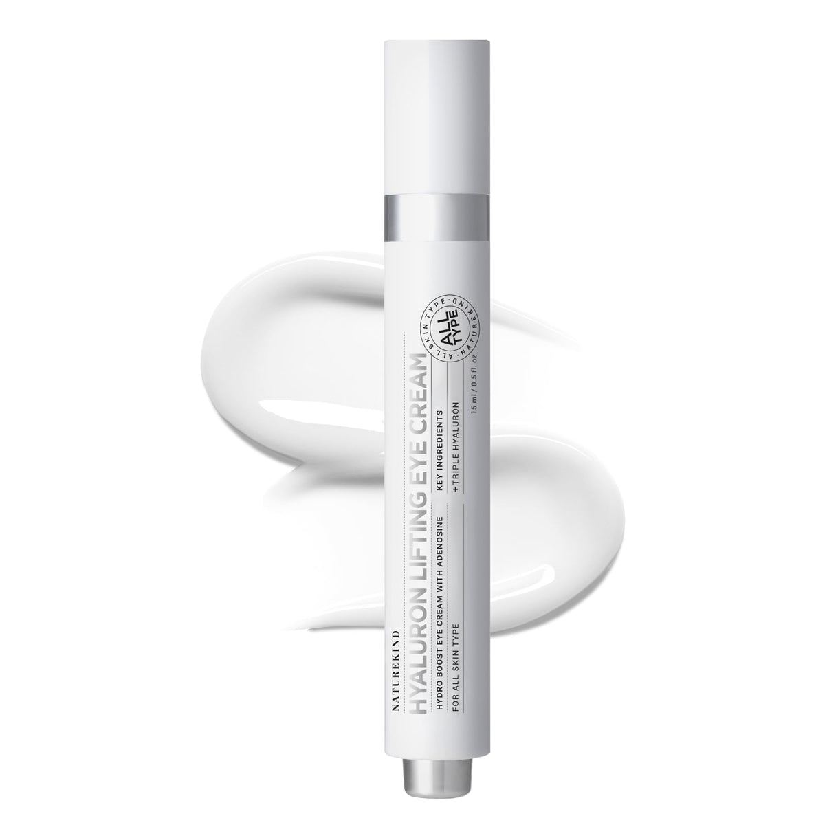 NATUREKIND Hyaluron Lifting Eye Cream 15ml tube, highlighting the 5% Arbutin and Hyaluronic Acid ingredients for brightening and lifting.