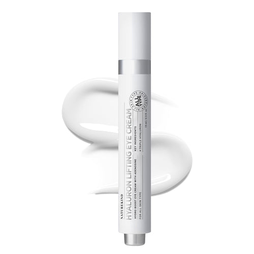 NATUREKIND Hyaluron Lifting Eye Cream 15ml tube, highlighting the 5% Arbutin and Hyaluronic Acid ingredients for brightening and lifting.