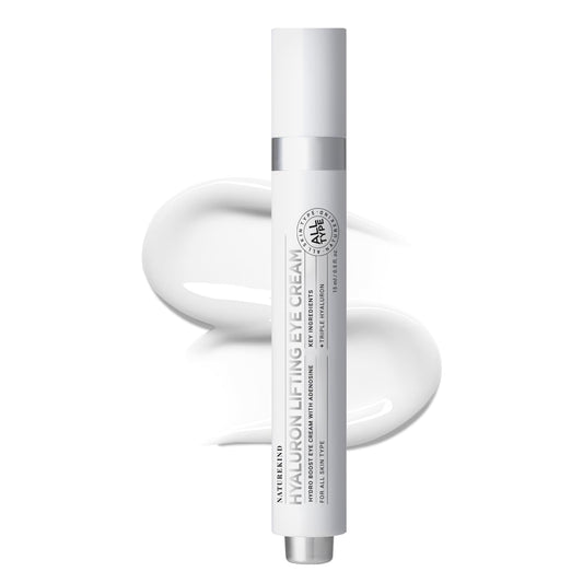 NATUREKIND Hyaluron Lifting Eye Cream 15ml tube, highlighting the 5% Arbutin and Hyaluronic Acid ingredients for brightening and lifting.