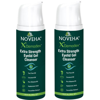 NOVEHA demodex extra strength eyelid gel cleanser with tea tree oil and hyaluronic acid for dry eye and eyelid hygiene 2 pack 50ml