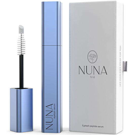 NUNA Eyelash and Eyebrow Growth Serum bottle 6ml, featuring a precision applicator for thicker and longer lash results.