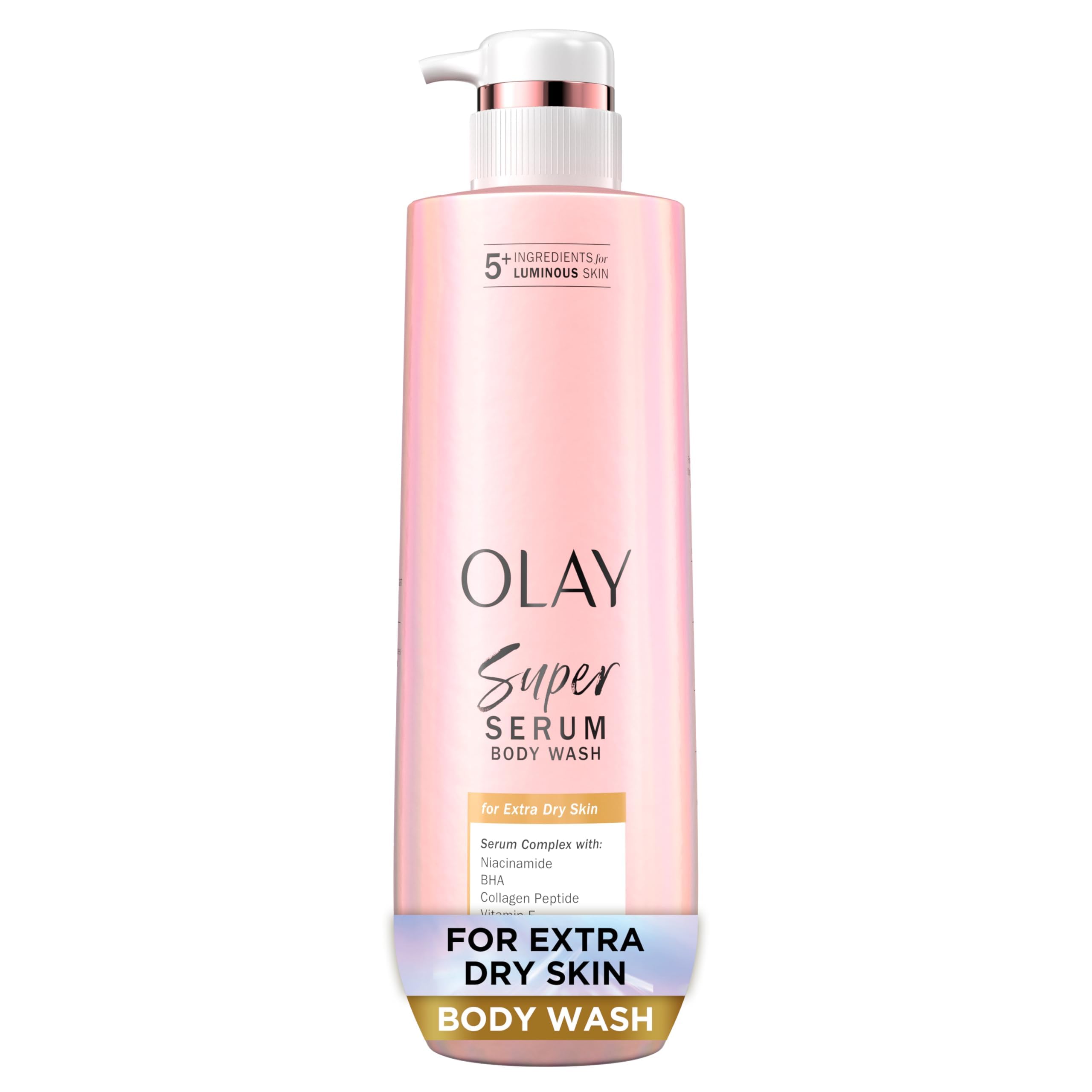 Olay Super Serum body wash bottle on a white background