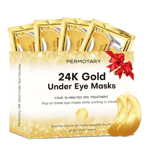 Permotary 24K Gold Crystal Collagen Eye Masks, a luxury gold-themed eye care set perfect for Valentine's Day gifting.