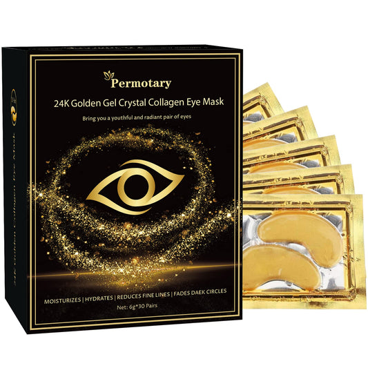 Permotary Gold Crystal Collagen Eye Masks, 60 pieces of gold-tinted hydrogel patches for brightening and hydrating the under-eye area.
