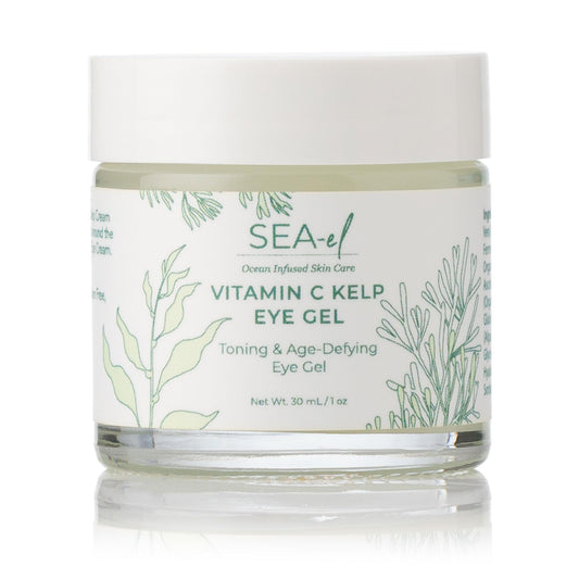 1 oz jar of Sea-el Vitamin C Kelp Eye Gel, a clear cooling gel for firming and brightening the under-eye area.