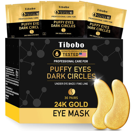 Box of 36 pairs of Tibobo 24K gold under-eye patches, vegan and USA tested for reducing dark circles and wrinkles.