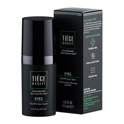 A single 0.5 oz tube of Tiege Hanley Eye Cream for Men, featuring a minimalist black design for professional male skincare.