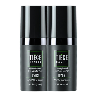 Two 0.5 oz tubes of Tiege Hanley Eye Cream for Men, a premium morning and night anti-aging treatment.