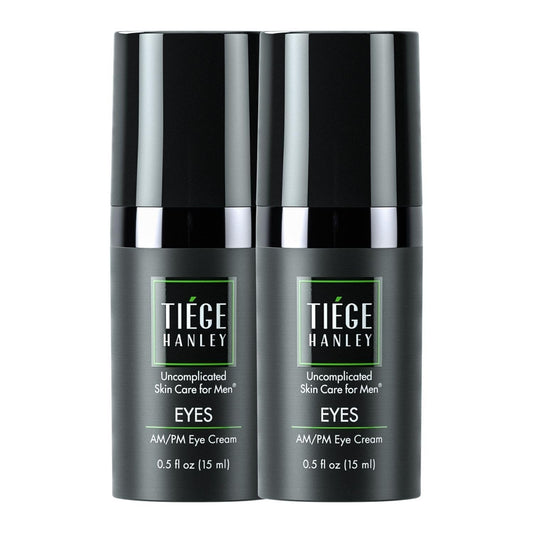 Two 0.5 oz tubes of Tiege Hanley Eye Cream for Men, a premium morning and night anti-aging treatment.