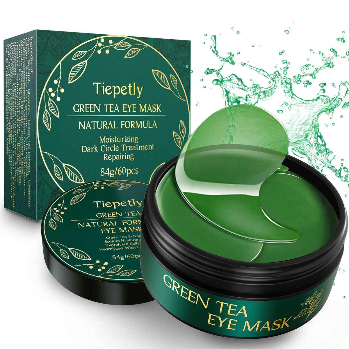 Jar of 60 green Tiepetly eye patches infused with green tea and collagen for soothing under-eye care.