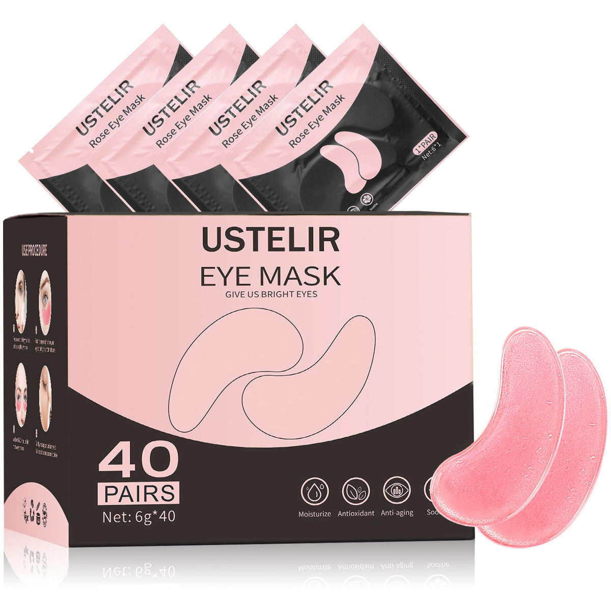 USTELIR 40 Pairs Rose Under Eye Patches - Soothing Pink Gel Masks for Dark Circles and Puffiness