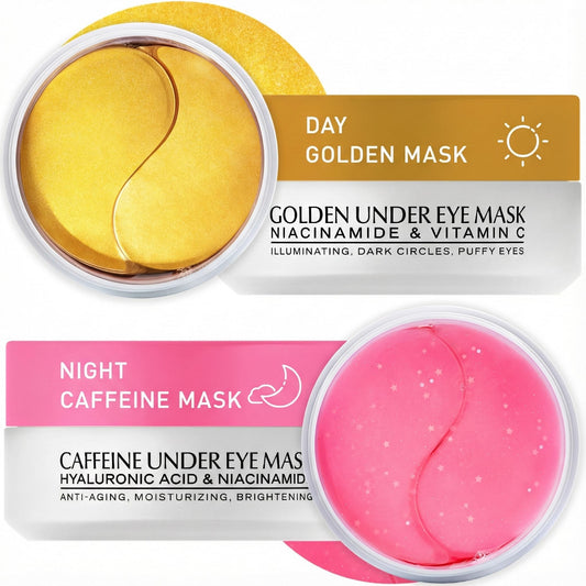 A 2-pack kit featuring Rosy Caffeine and 24K Gold under-eye patches, totaling 120 pieces for dark circles and anti-aging.