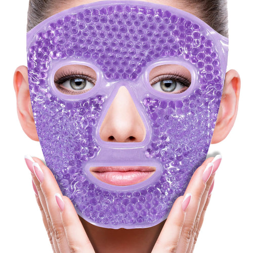 ZNÖCUETÖD blue gel full-face mask with adjustable straps, used for hot and cold therapy to reduce swelling after dental or plastic surgery.