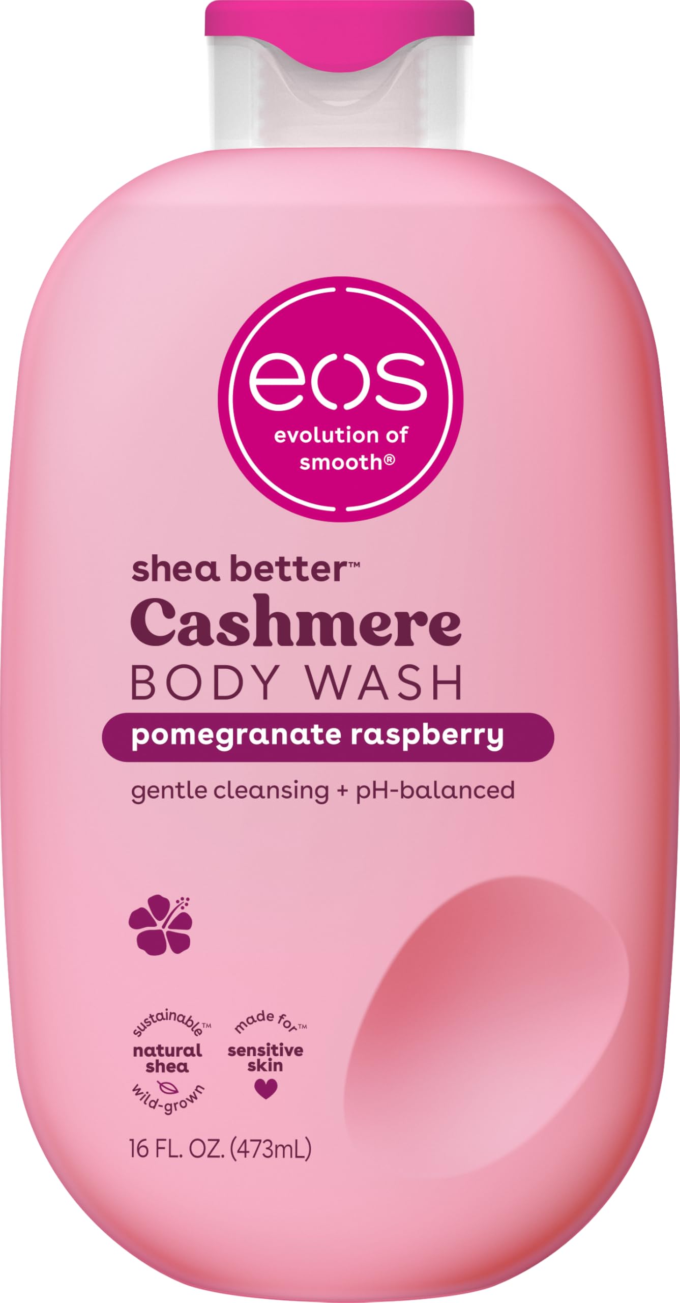Pink bottle of eos Cashmere Body Wash with pomegranate raspberry scent on a white background