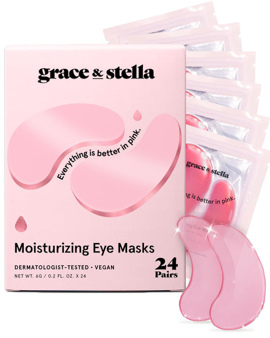 grace & stella Pink Under Eye Mask 24 Pairs - Brightening Vegan Gel Patches for Dark Circles and Puffy Eyes
