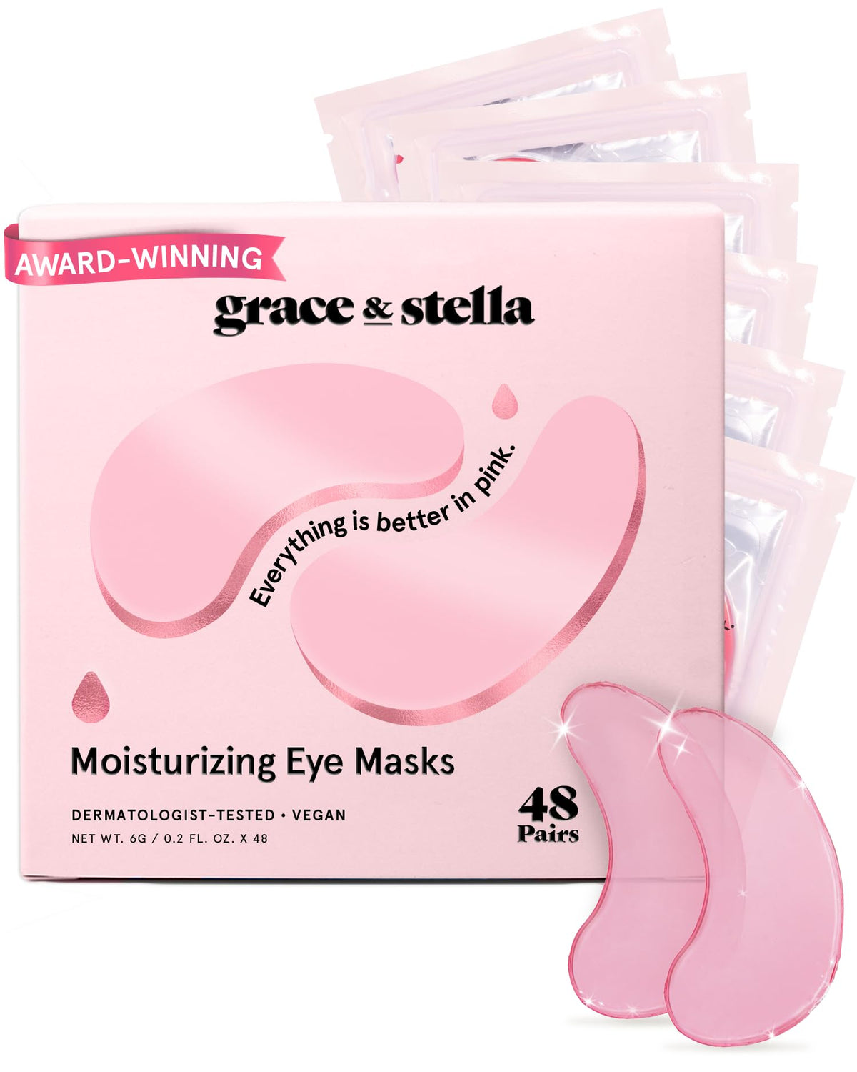 grace & stella Pink Under Eye Mask 48 Pairs - Vegan Gel Patches for Dark Circles, Puffy Eyes and Wrinkles