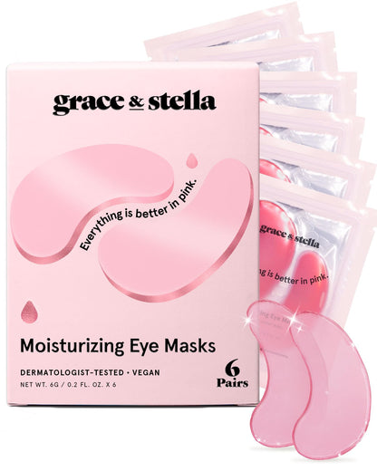 grace & stella Pink Under Eye Mask 6 Pairs - Vegan Gel Patches for Dark Circles and Puffy Eyes
