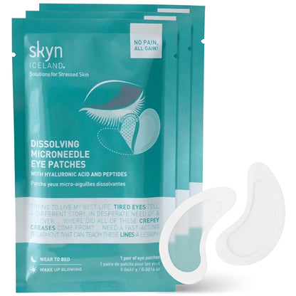 Pack of 3 pairs of skyn ICELAND dissolving microneedle under-eye patches for deep hydration and wrinkle smoothing.
