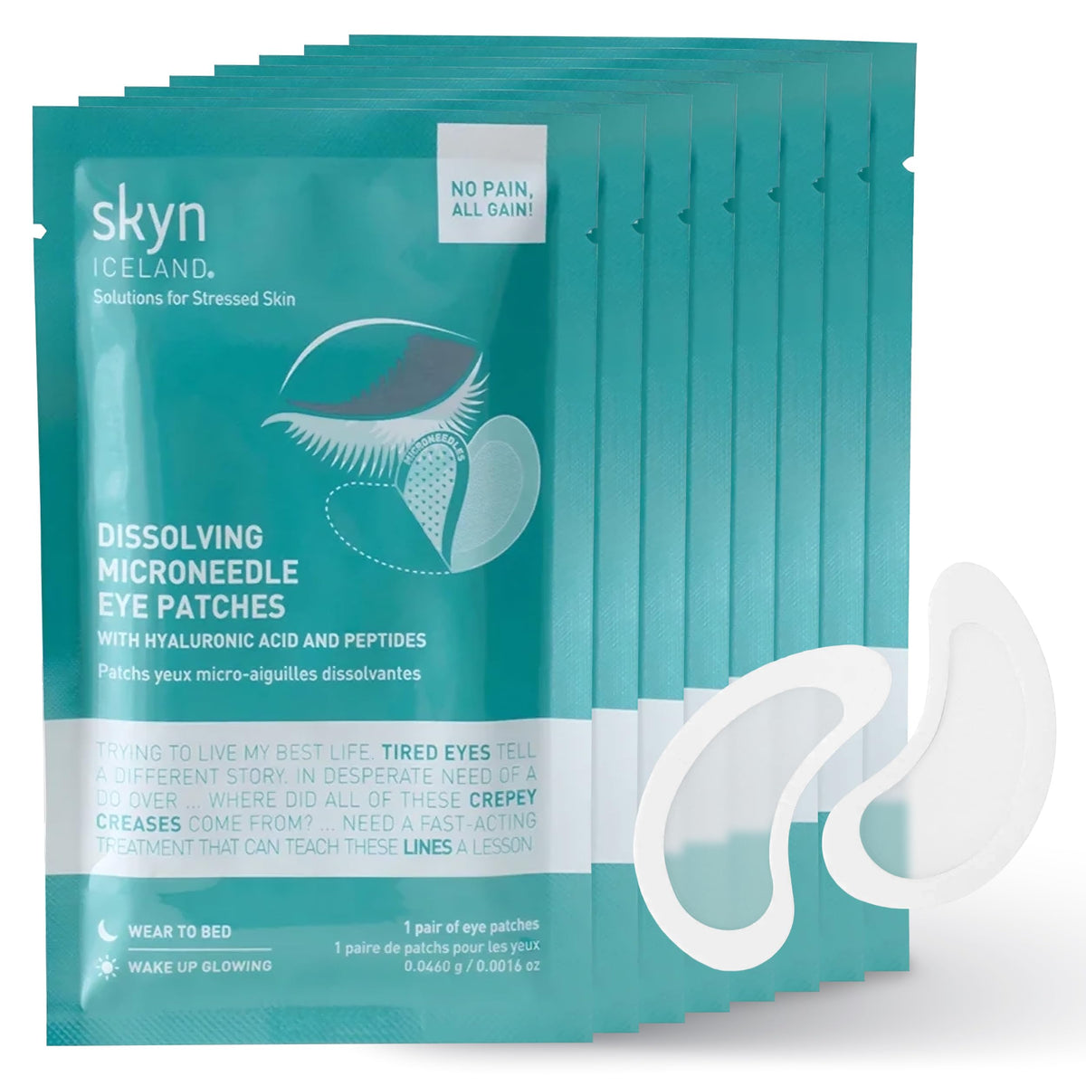 Box of 8 pairs of skyn ICELAND dissolving microneedle under-eye patches with hyaluronic acid and peptides.