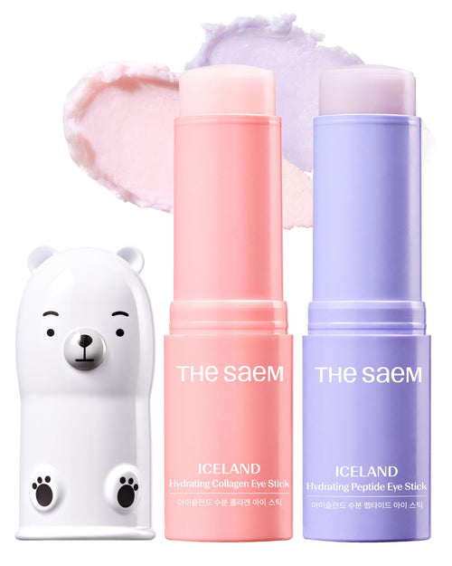 theSAEM Iceland Eye Stick Bundle featuring the Purple (Collagen) and White (Peptide) sticks for maximum firming and wrinkle reduction.