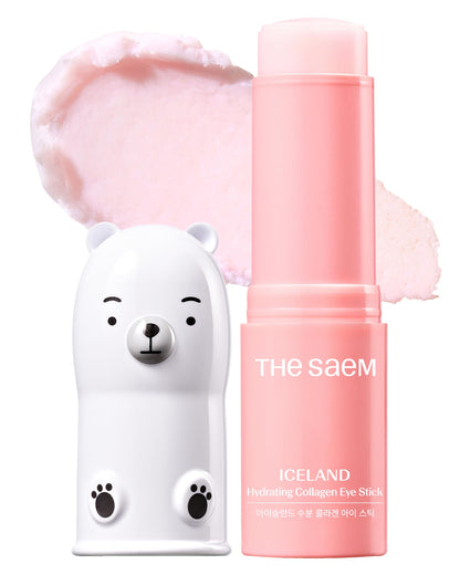 theSAEM Iceland Hydrating Collagen Eye Stick in purple packaging, a firming balm to reduce wrinkles and lift saggy skin.