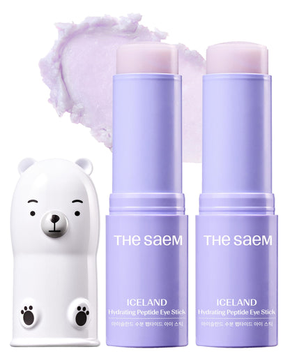 Two sticks of theSAEM Iceland Hydrating Peptide Eye Balm, highlighting the cooling glacier water and skin elasticity benefits.