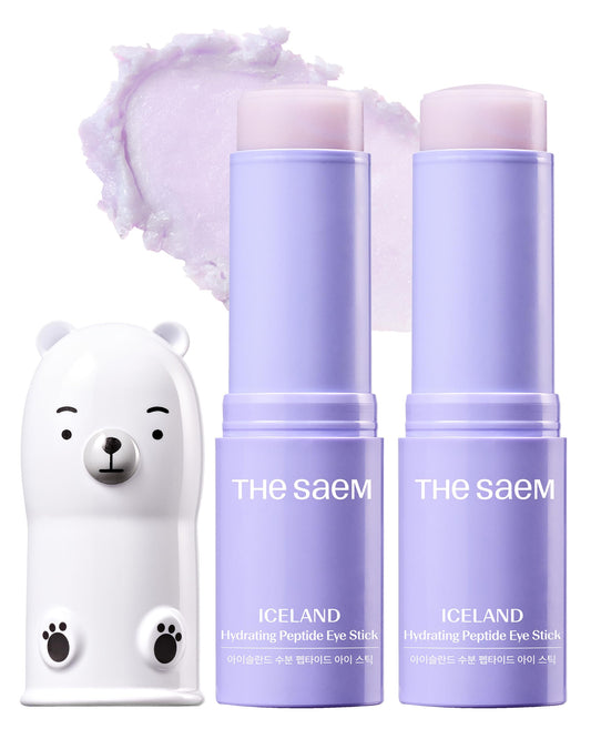 Two sticks of theSAEM Iceland Hydrating Peptide Eye Balm, highlighting the cooling glacier water and skin elasticity benefits.